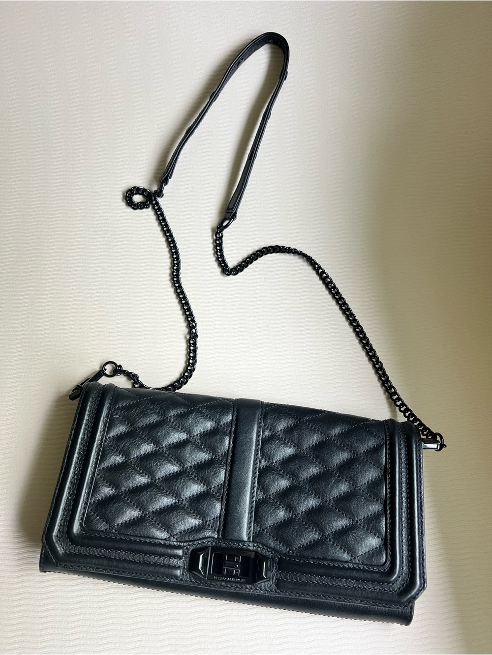 Rebecca Minkoff Love Crossbody black quilted leather w/ blk/gunmetal strap NWOT
